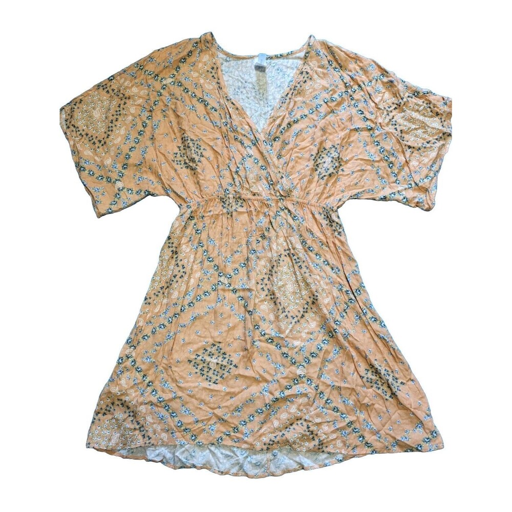 Honeyme NWOT L Women’s Orange Floral Wrap Front Half Sleeve Elastic Waist Dress